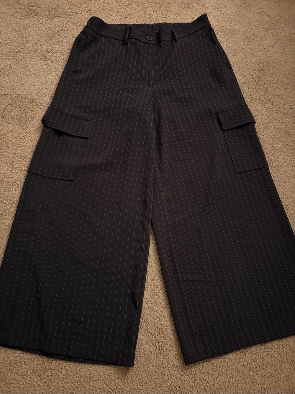 Adrianna Papell Black Pinstripe Wide-Leg Cargo Pants